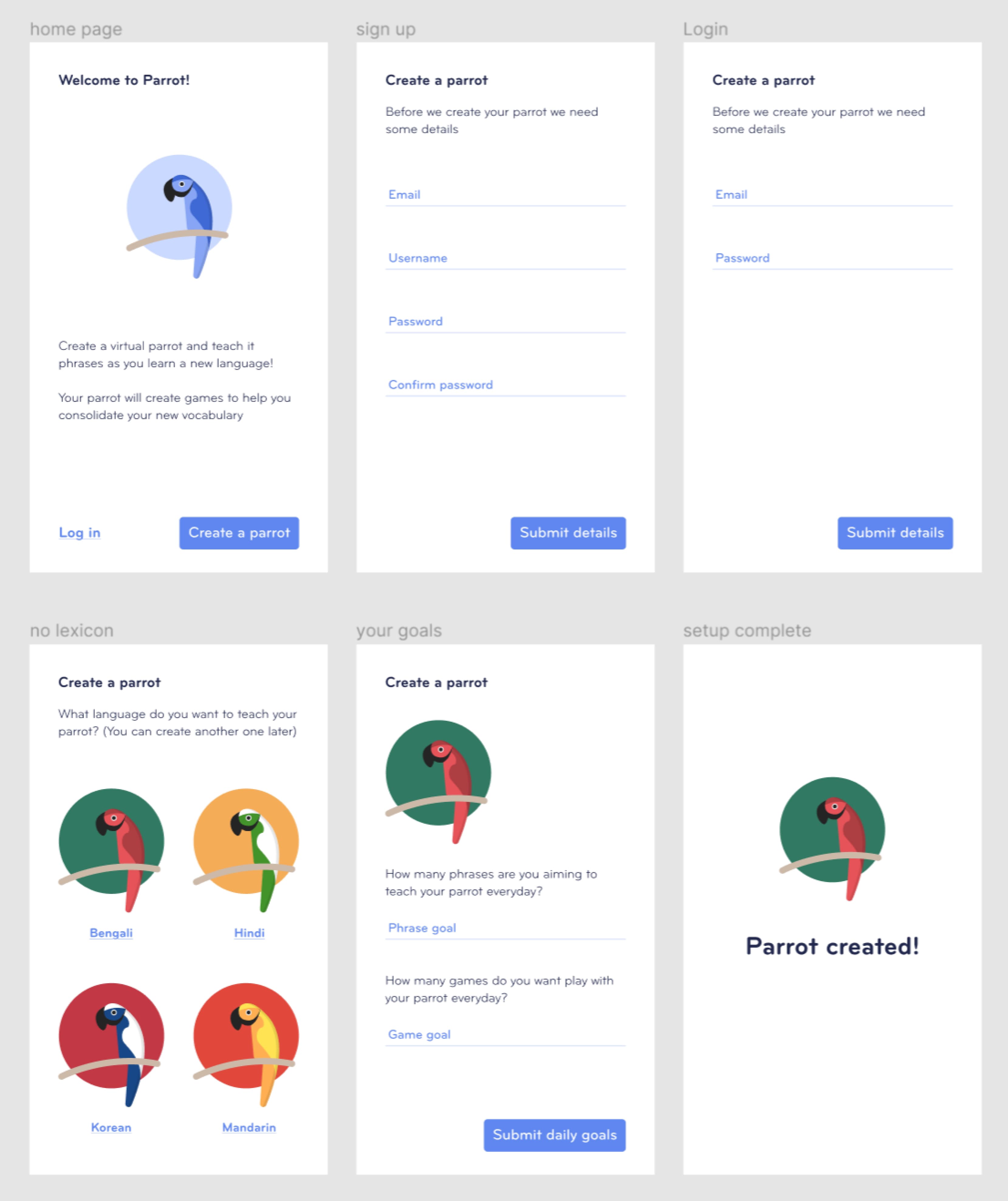 Interface designs for adding multiple languages to teach your parrot